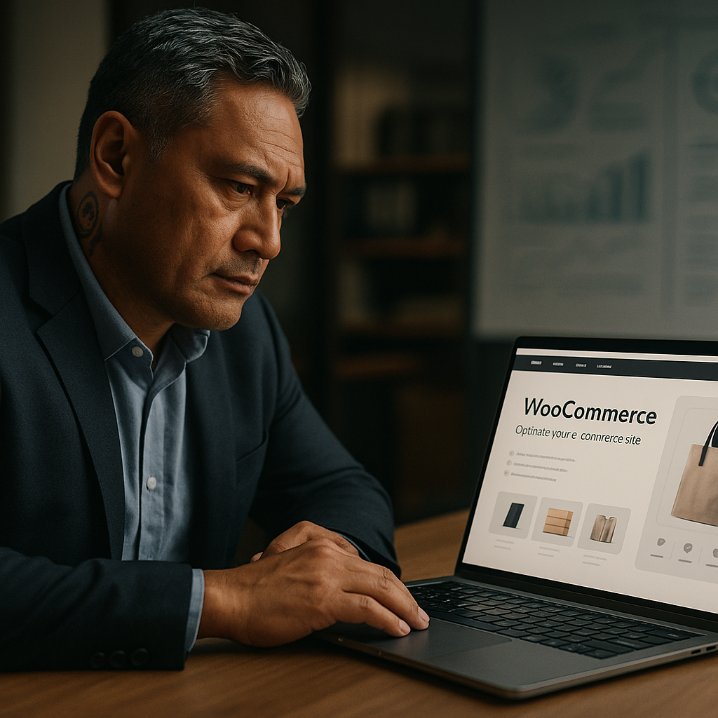 New Zealand business owner optimising WooCommerce ecommerce website for SEO on laptop in office