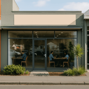 Photorealistic New Zealand small business storefront with clear windows, modern signage, and natural daylight in an