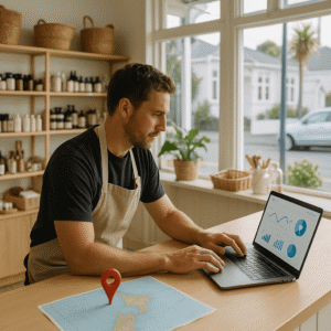 Small business owner in a modern New Zealand shop using a laptop, with natural daylight and subtle local details