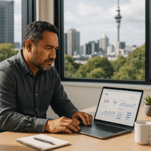 Kiwi business owner at a modern desk, working on SEO analytics with visible Auckland skyline in the background.