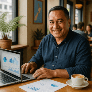 New Zealand small business owner works on laptop in a sunlit café with a silver fern, planning digital marketing.