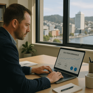 Professional New Zealand office with marketing manager reviewing SEO analytics on a laptop near a city-view window