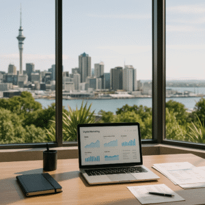 New Zealand office workspace with laptop displaying marketing analytics and city skyline visible through large windows.