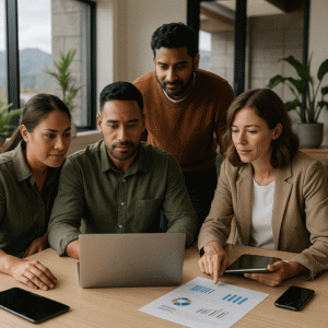 New Zealand business team working together on digital marketing strategies in a bright, modern Kiwi office