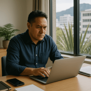 New Zealand business owner at desk with laptop, native plants, and cityscape in background, realistic office setting