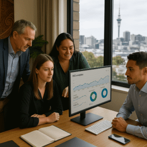 New Zealand business professionals collaborating in a modern office, reviewing SEO analytics on a large monitor, with city