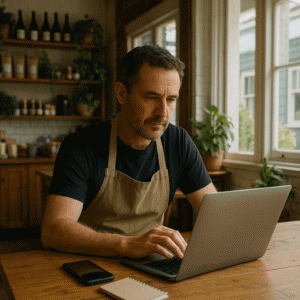 Small business owner in a New Zealand café working on a laptop with natural daylight and local surroundings