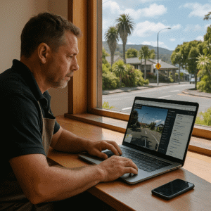 New Zealand business owner at desk checking WordPress and Google Maps on laptop with city and native greenery visible
