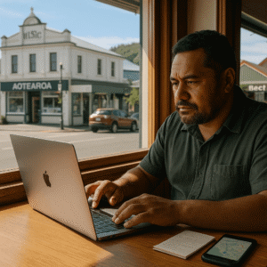 New Zealand small business owner working on local SEO at a café, with laptop and Kiwi street outside