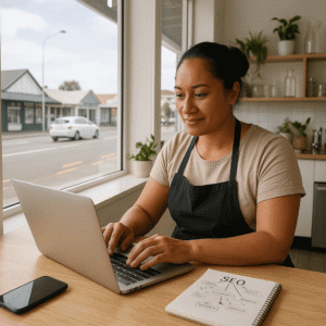 New Zealand small business owner working on a laptop by a shopfront window with local street, natural daylight, and digital