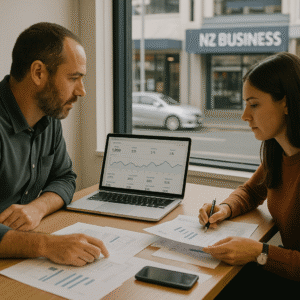 Two New Zealand professionals reviewing website analytics in a sunlit local business office with urban NZ views
